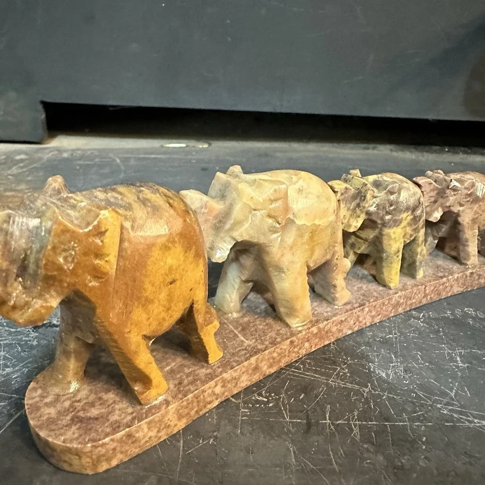 Vintage Indian Solid Carved Soapstone 4 Walking Elephant Incense Holder  6